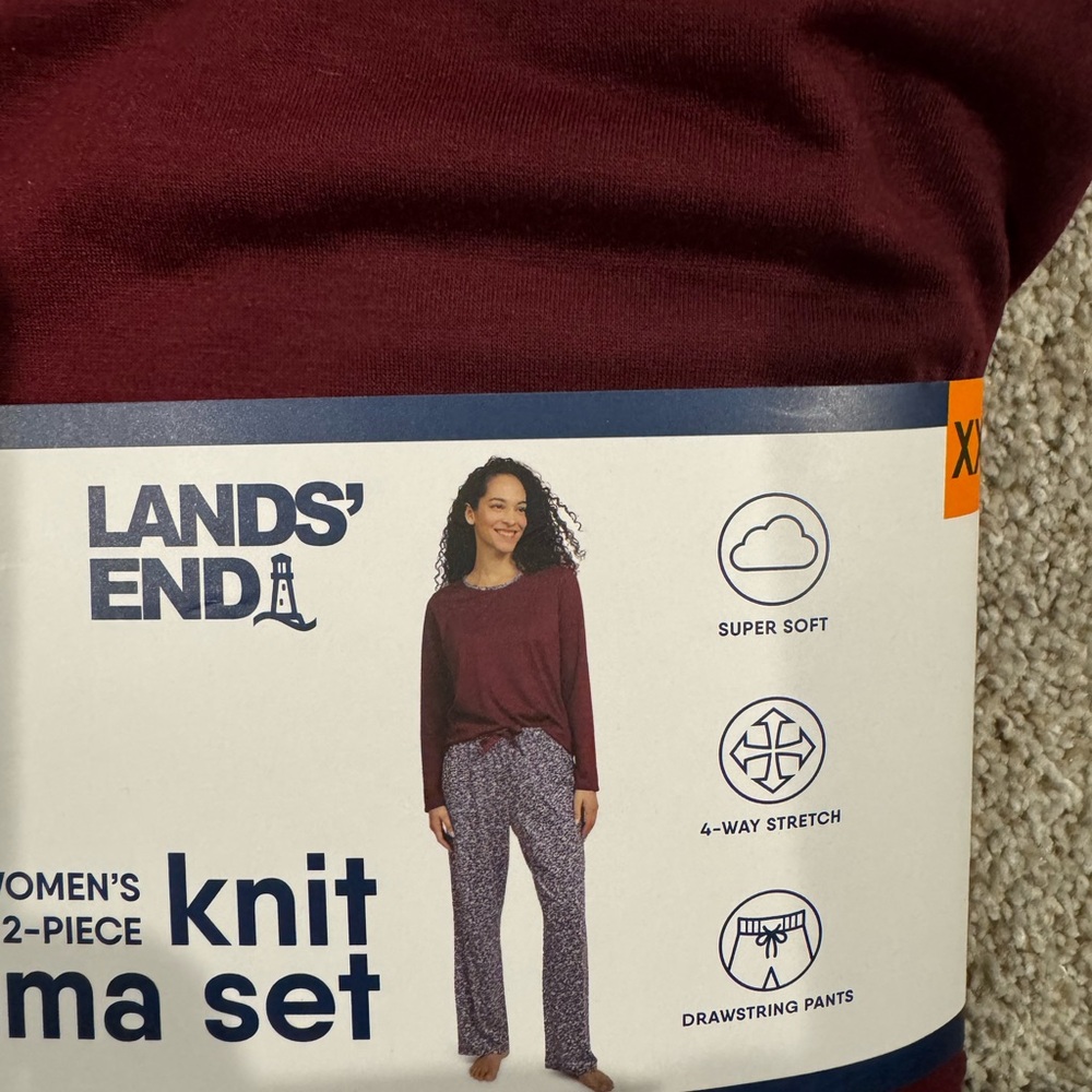 Lands' End Women's Knit Pajama Set - Burgundy and Blue - Picture 2 of 4